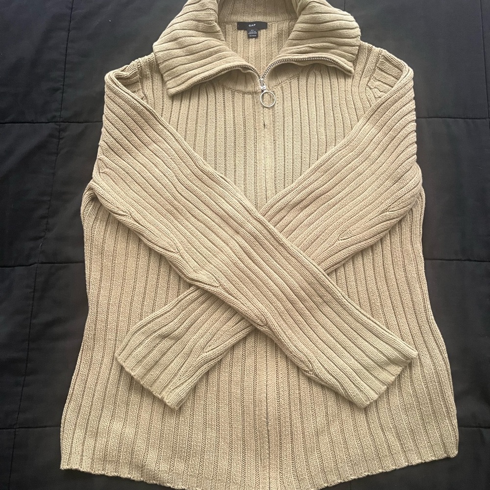 GAP Beige Ribbed full zip up Turtleneck Sweater